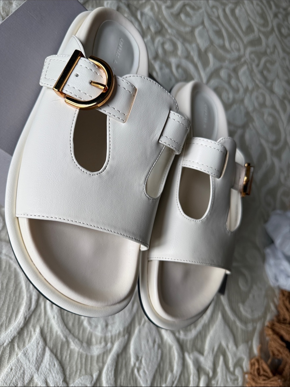 Charles & Keith Cream Slide Sandals with Gold Buckles - Picture 3 of 7
